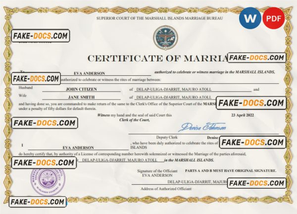 Marshall Islands marriage certificate Word and PDF template, fully editable scan