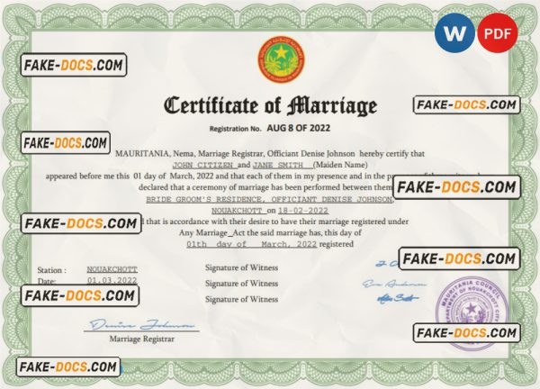 Mauritania marriage certificate Word and PDF template, completely editable scan