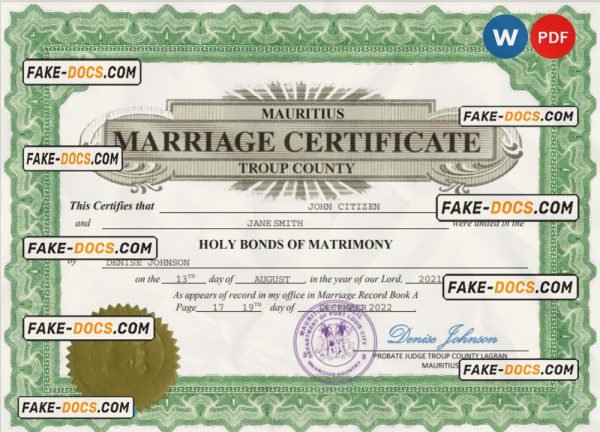 Mauritius marriage certificate Word and PDF template, fully editable scan