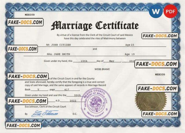 Mexico marriage certificate Word and PDF template, completely editable scan