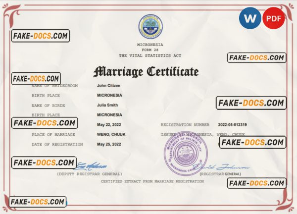 Micronesia marriage certificate Word and PDF template, fully editable scan