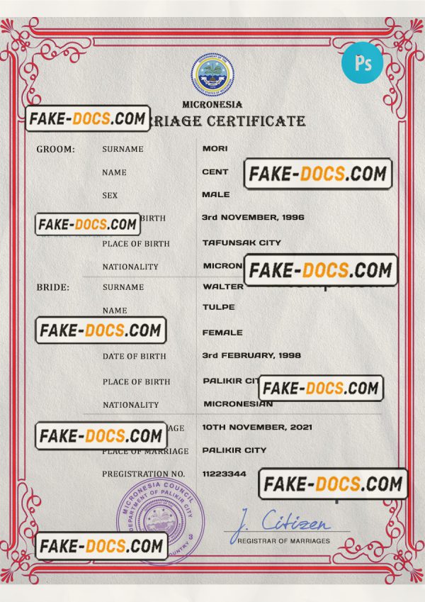 Micronesia marriage certificate PSD template, completely editable scan