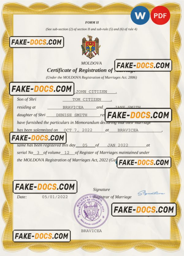 Moldova marriage certificate Word and PDF template, completely editable scan