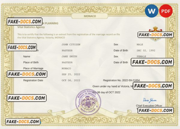 Monaco marriage certificate Word and PDF template, fully editable scan