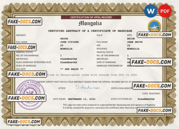 Mongolia marriage certificate Word and PDF template, completely editable scan