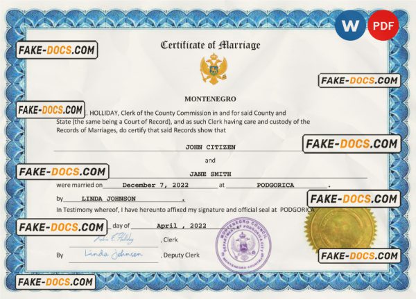 Montenegro marriage certificate Word and PDF template, fully editable scan