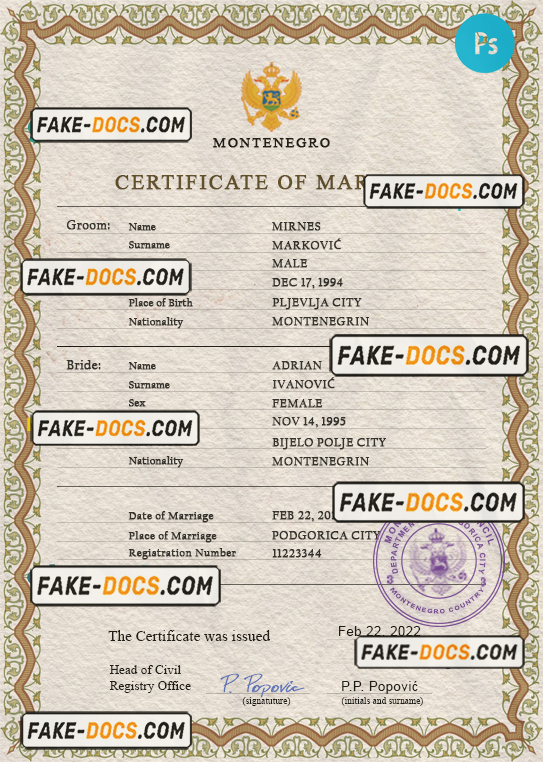 Montenegro marriage certificate PSD template, completely editable scan