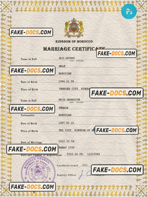 Morocco marriage certificate PSD template, fully editable scan