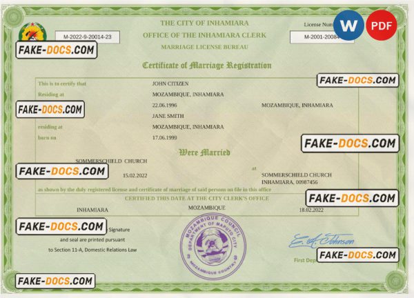 Mozambique marriage certificate Word and PDF template, fully editable scan