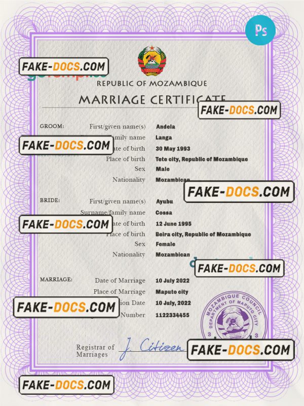 Mozambique marriage certificate PSD template, completely editable scan