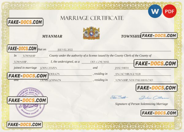Myanmar marriage certificate Word and PDF template, completely editable scan