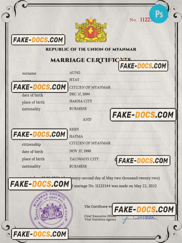 Myanmar marriage certificate PSD template, fully editable scan