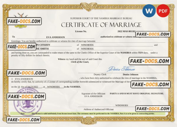 Namibia marriage certificate Word and PDF template, fully editable scan
