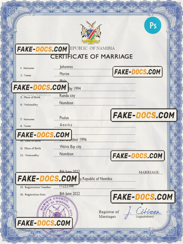 Namibia marriage certificate PSD template, completely editable scan
