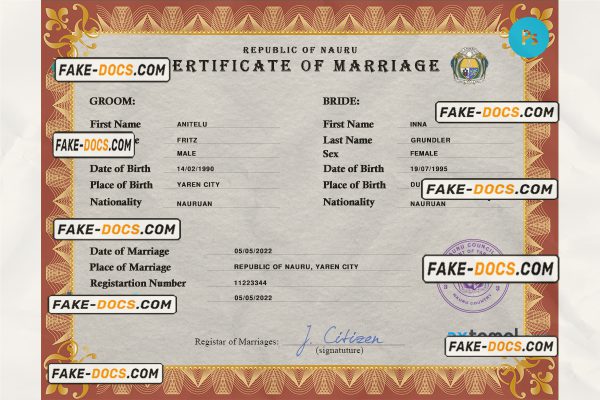 Nauru marriage certificate PSD template, fully editable scan