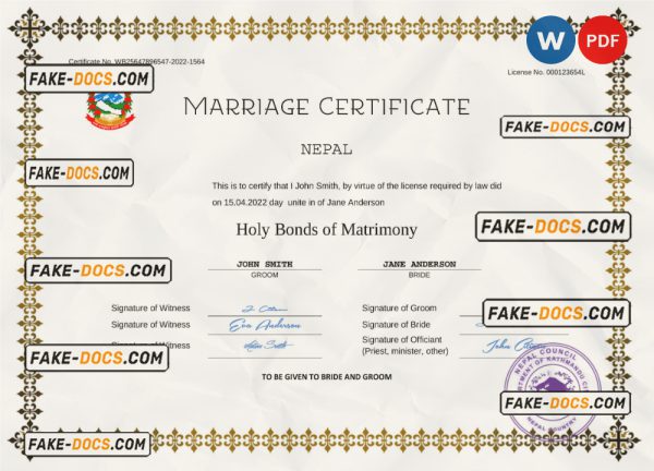 Nepal marriage certificate Word and PDF template, fully editable scan