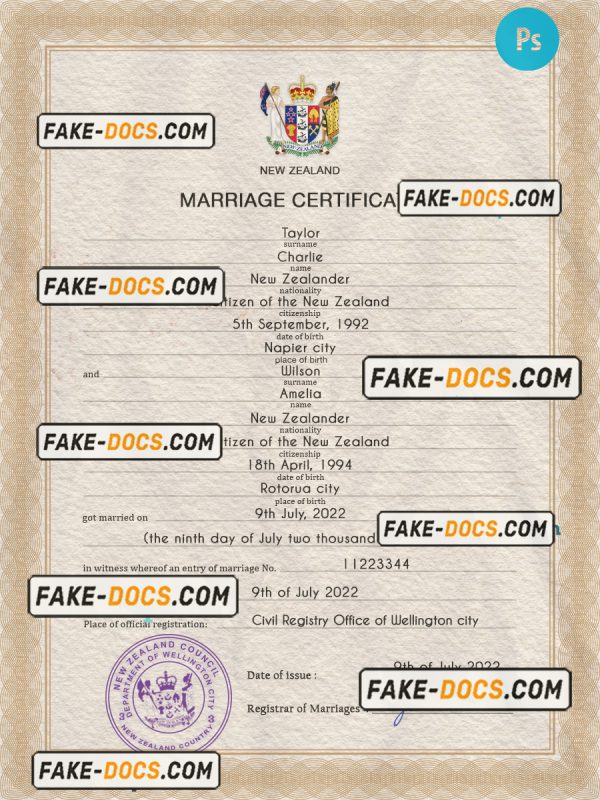 New Zealand marriage certificate PSD template, completely editable scan