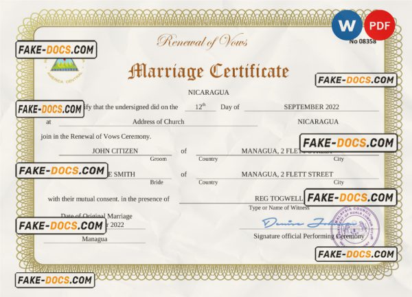 Nicaragua marriage certificate Word and PDF template, fully editable scan