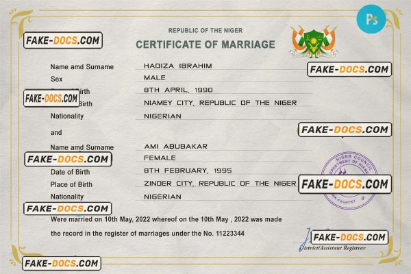 Niger marriage certificate PSD template, completely editable scan