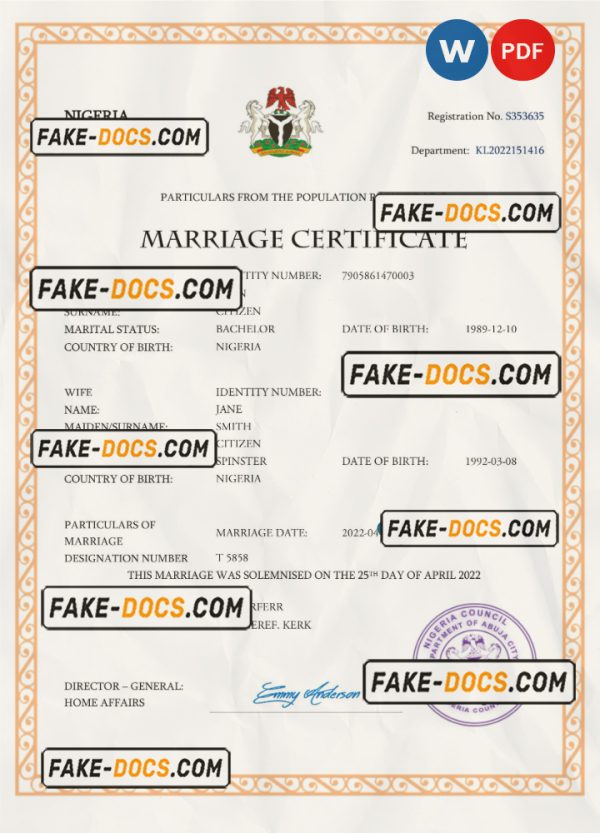 Nigeria marriage certificate Word and PDF template, completely editable scan