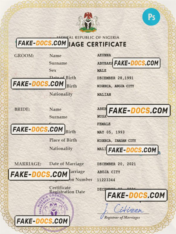 Nigeria marriage certificate PSD template, fully editable scan