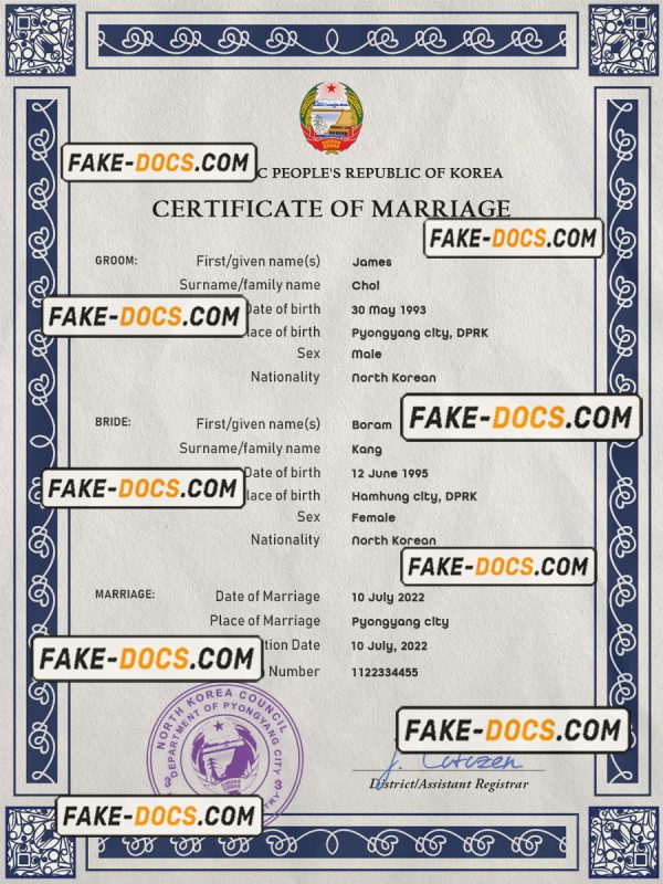 North Korea marriage certificate PSD template, completely editable scan