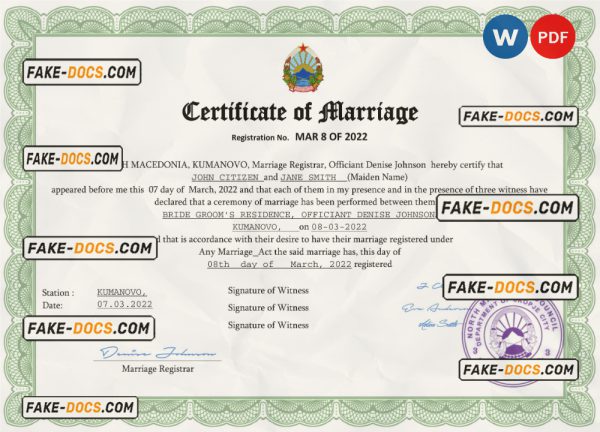 North Macedonia marriage certificate Word and PDF template, completely editable scan
