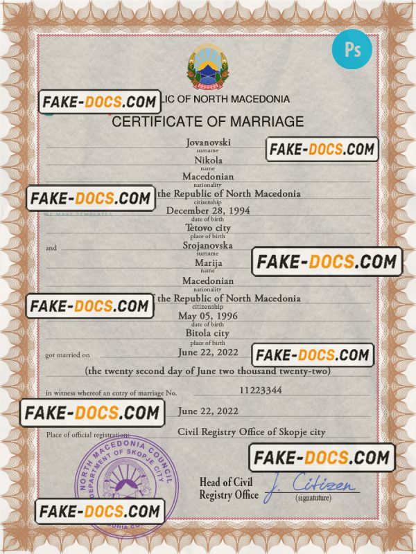North Macedonia marriage certificate PSD template, fully editable scan