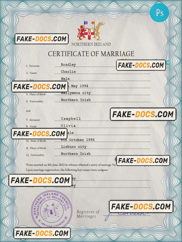 Northern Ireland marriage certificate PSD template, completely editable scan