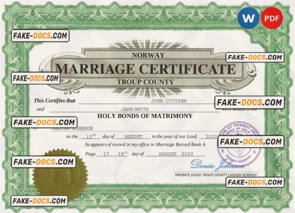 Norway marriage certificate Word and PDF template, fully editable scan