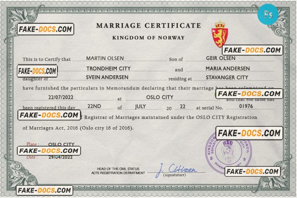 Norway marriage certificate PSD template, fully editable scan
