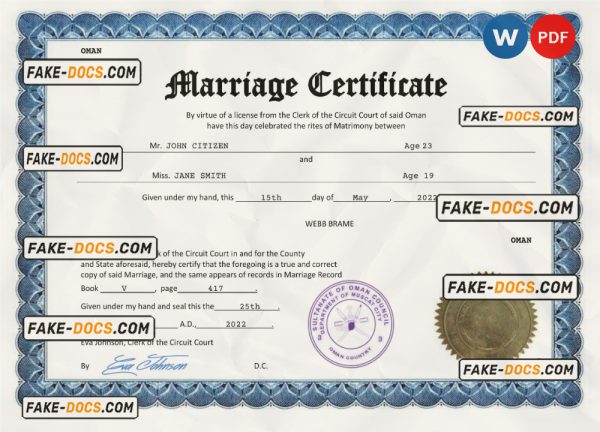 Oman marriage certificate Word and PDF template, completely editable scan