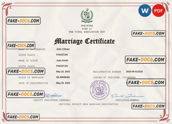 Pakistan marriage certificate Word and PDF template, fully editable scan