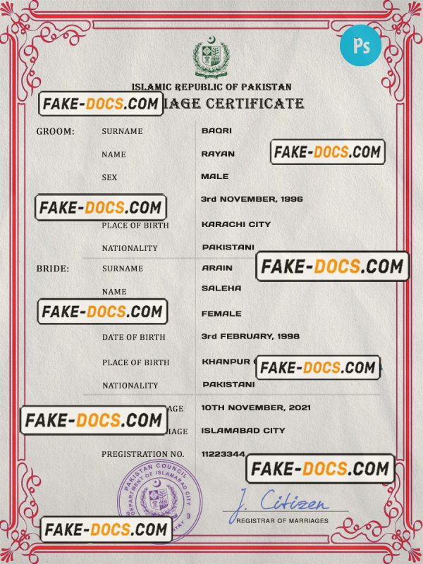 Pakistan marriage certificate PSD template, fully editable scan