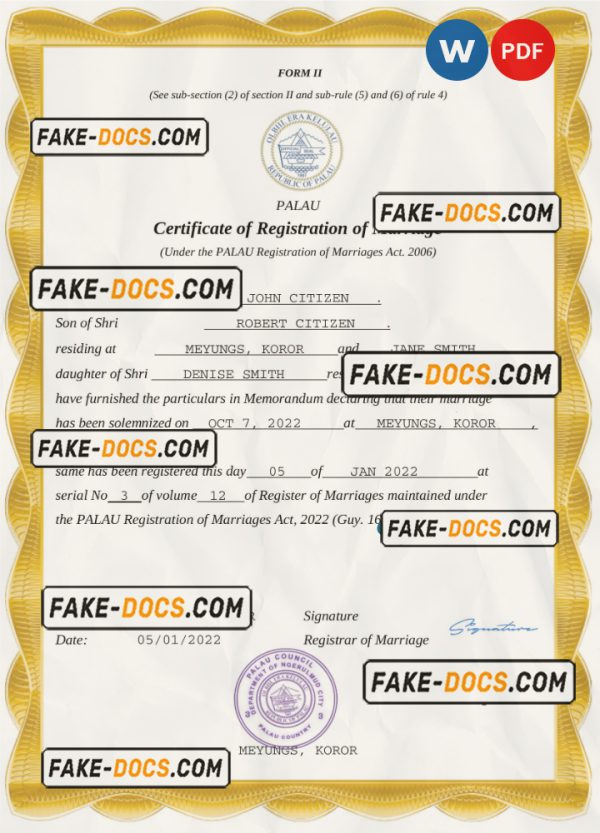 Palau marriage certificate Word and PDF template, completely editable scan