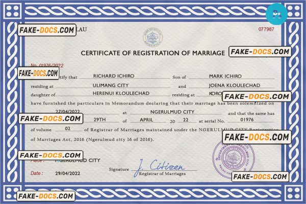 Palau marriage certificate PSD template, completely editable scan