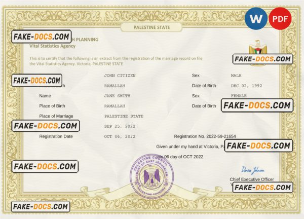 Palestine marriage certificate Word and PDF template, fully editable scan