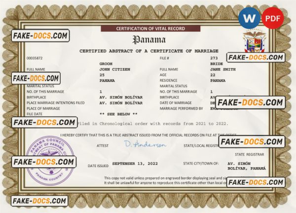 Panama marriage certificate Word and PDF template, completely editable scan