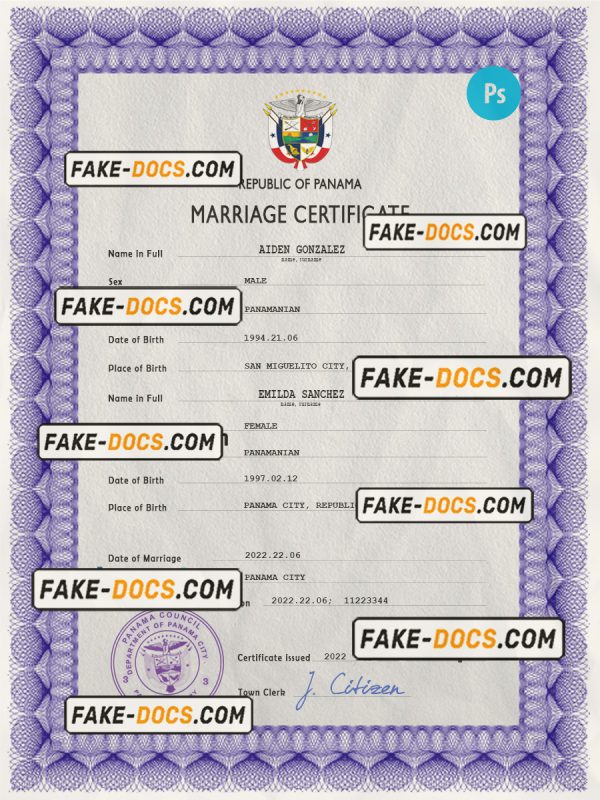 Panama marriage certificate PSD template, completely editable scan