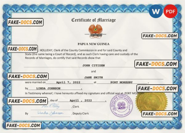 Papua New Guinea marriage certificate Word and PDF template, fully editable scan