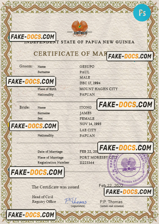 Papua New Guinea marriage certificate PSD template, fully editable scan