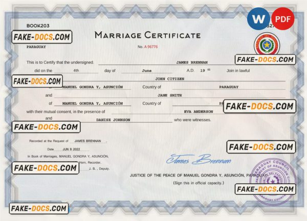 Paraguay marriage certificate Word and PDF template, completely editable scan