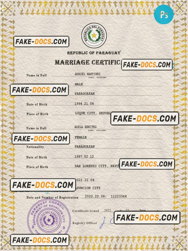 Paraguay marriage certificate PSD template, completely editable scan