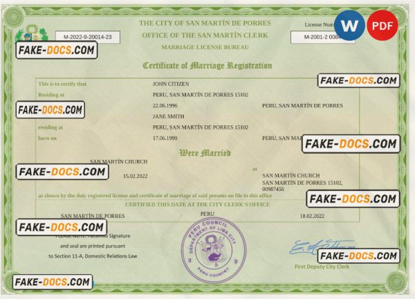 Peru marriage certificate Word and PDF template, fully editable scan