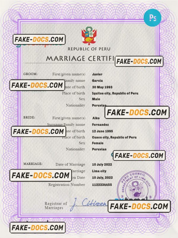 Peru marriage certificate PSD template, fully editable scan