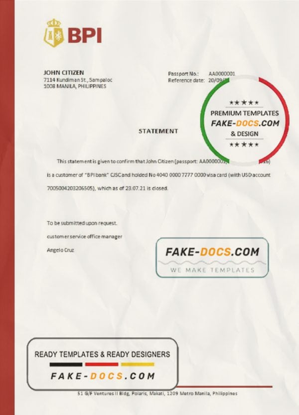 Philippines BPI bank account closure reference letter template in Word and PDF format