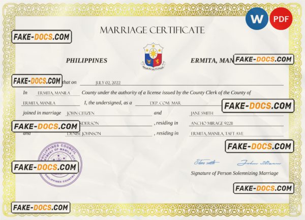 Philippines marriage certificate Word and PDF template, completely editable scan