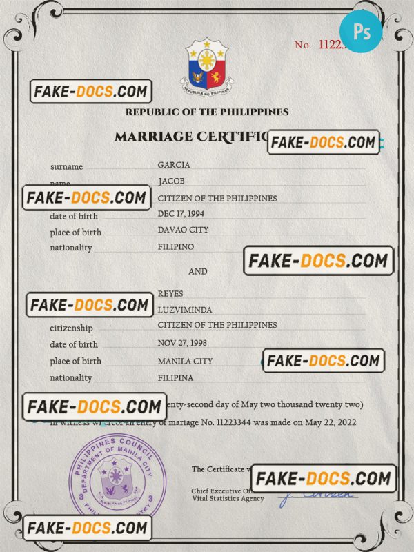 Philippines marriage certificate PSD template, completely editable scan