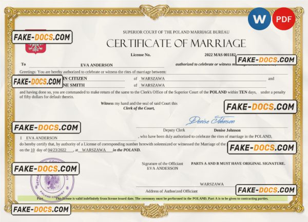 Poland marriage certificate Word and PDF template, fully editable scan