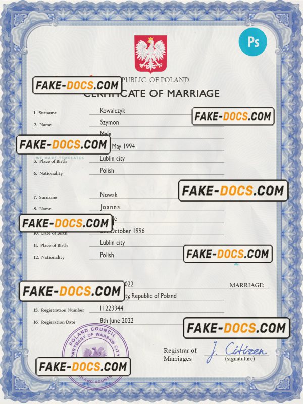 Poland marriage certificate PSD template, completely editable scan